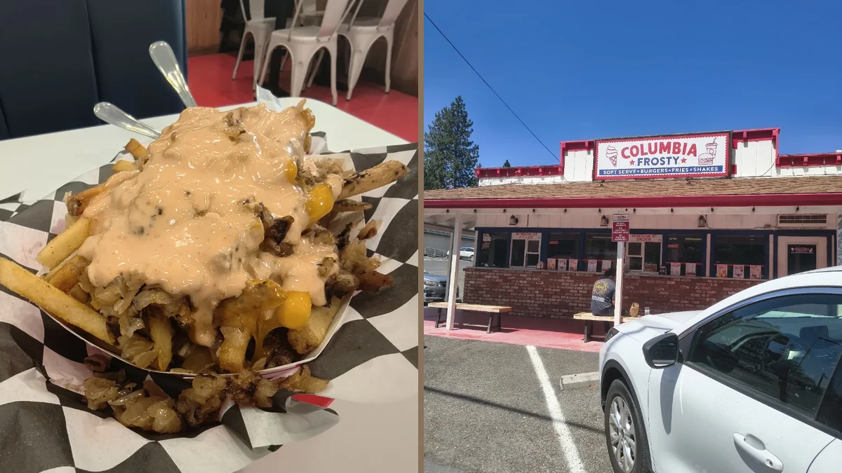 Fries and sandwich served in a diner-style setting.