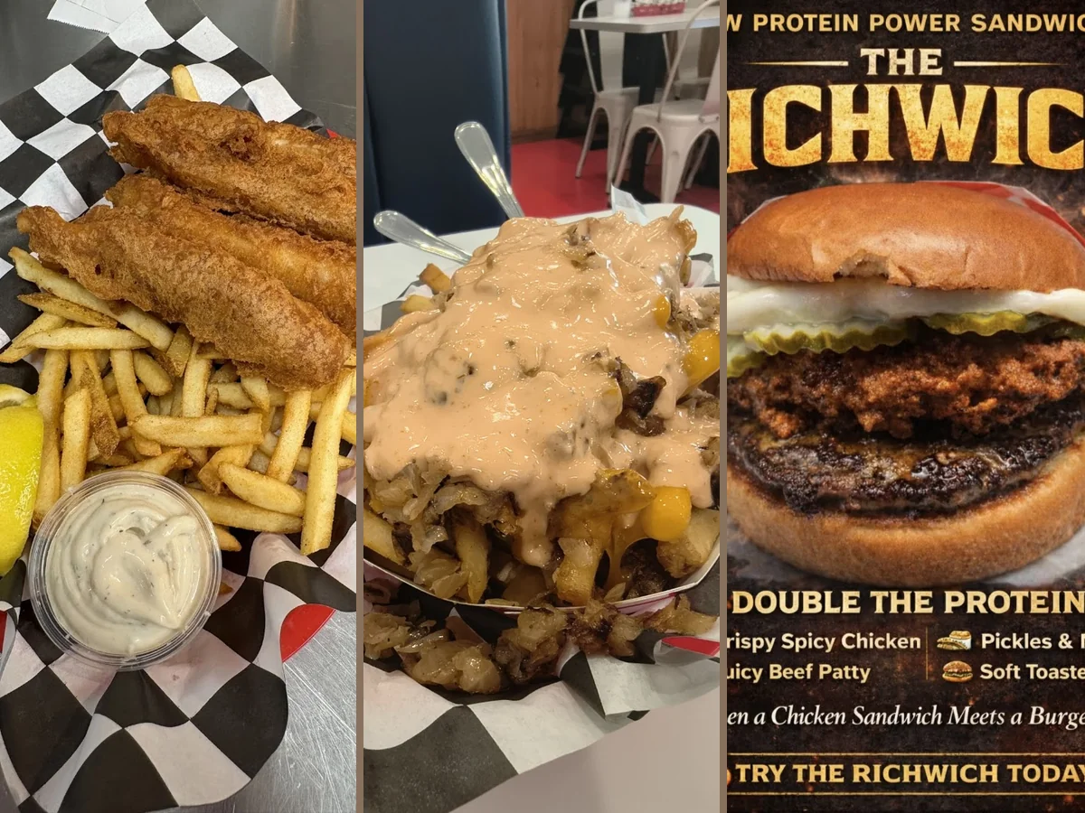 Fries and sandwich served in a diner-style setting.